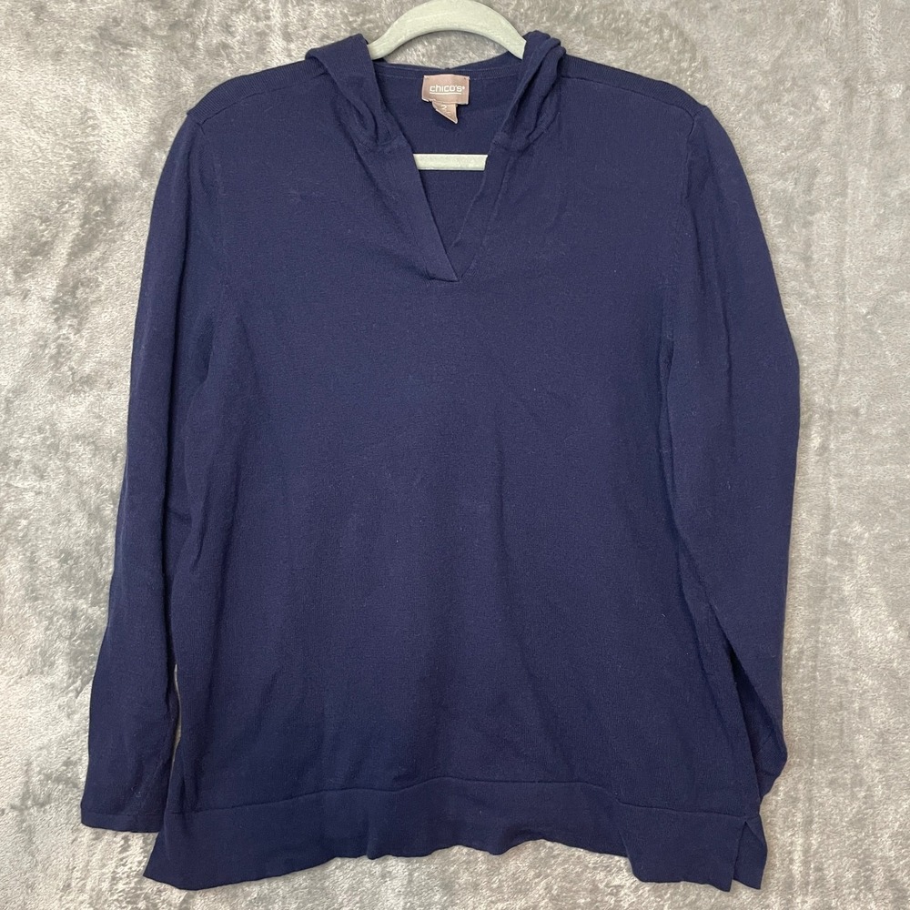 Chicos Hooded Top Womens Large Blue Pullover Hoodie Beachy Coastal Closet Staple